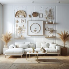 Wall Mural - A living room style interior set design with a mockup poster empty white and with a couch and a coffee table Vibrant unique unique optimized.