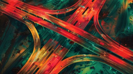 Canvas Print - Traffic lights captured from a drone's perspective overlooking a major highway interchange.