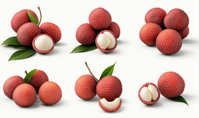 Wall Mural -  Lychee litchi lichee fruit, many angles and view side top front group peel halved isolated on white background cutout. Mockup template for artwork graphic design 