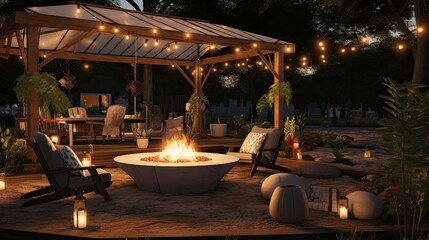 Canvas Print - A fire pit surrounded by an area of gravel with seating and hanging chairs under the gazebo