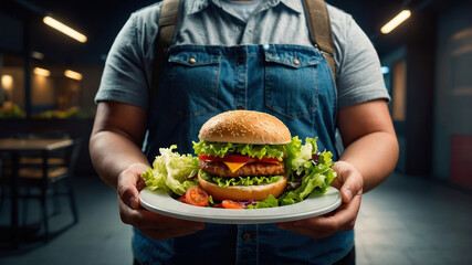 Overweight man holding plate with big hamburger and fresh salad inside a restaurant