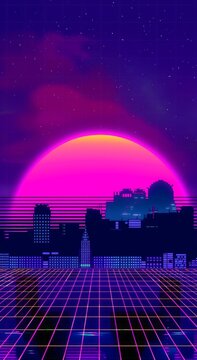 Futuristic Cityscape with Neon Grid and Sunset