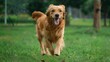 © Ace64 Studio - Golden retriever playing in the park: Happy golden retriever running and playing in a green park.