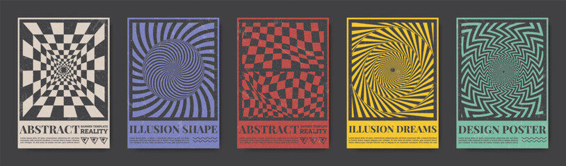 Aufkleber - Optical illusion. Line type geometric posters. Creative form with abstract layout and Swiss typography. Surreal kaleidoscope. Checkered psychedelic design. Vector abstract banners set