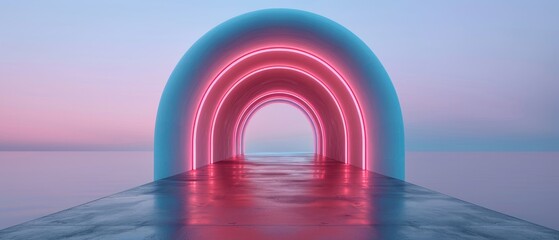 Wall Mural - Abstract neon tunnel with vibrant pink and blue lighting over water at sunset, representing futuristic and digital concepts.
