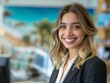 © CG Design - A Travel Agent female wearing professional attire, standing in front of a travel agency desk, smiling