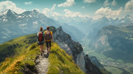 couple hiking on a mountain trail: adventurous couple hiking on a scenic mountain trail with breatht