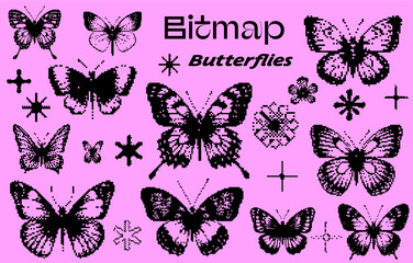 Poster - Pixel art collage with images of distorted butterfly silhouettes. Illustration in webcore aesthetics style for prints and posters.