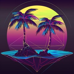 Wall Mural - Neon Sunset Palms on a Floating Island