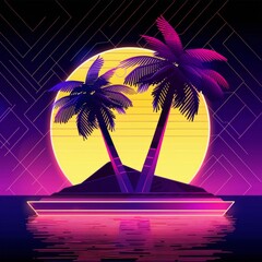 Wall Mural - Tropical Sunset in Neon Retro Style