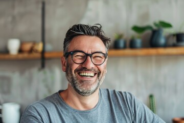 Wall Mural - Portrait of a satisfied man in his 40s laughing on modern minimalist interior