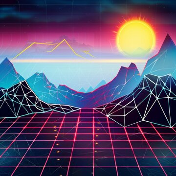 Retro 80s Synthwave Landscape with Grid and Sun