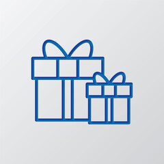 Gift simple icon vector. Flat design. Paper cut design. Cutted blue symbol with shadow. Gray background