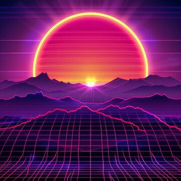 Retro Sunset Landscape with Glowing Grid