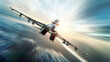 © IntelliPixelForge - Photorealistic image of a military airplane flying at high velocity detailed view with motion blur effects  bright and clear sky intense lighting modern military aviation