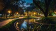 © almeera - Serene Nighttime Park Scene with Winding Pathway and Pond