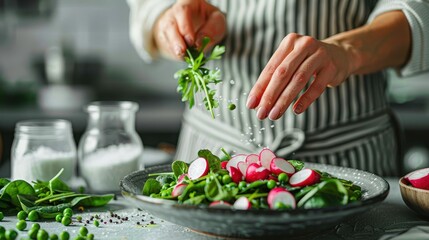 Wall Mural - A person is preparing a fresh salad, adding herbs and radish slices to a plate