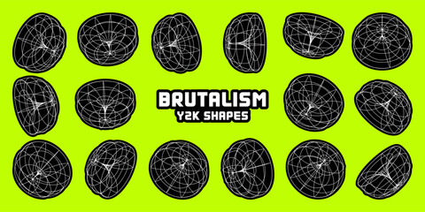 Wireframe lined shapes. Perspective mesh, 3d grid. Modern trendy low poly geometric elements. Retro futuristic design elements, y2k, vaporwave and synthwave style. Vector illustration