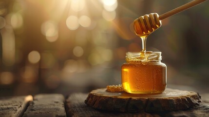 A wooden dipper with honey dripping into a jar