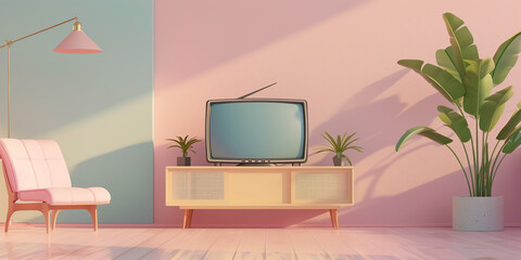 Wall Mural - A vintage retro television sits on a wooden stand in a brightly lit room with pastel pink and blue walls