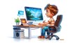 © sakareeya - A cute cartoon of a young child learning to use a computer, with a friendly tutor character guiding them through the process. List of Art Media: Illustration inspired by Spring magazine.