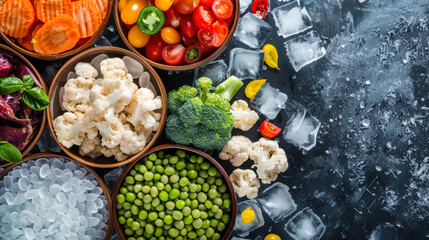 Fresh vegetables in bowls on icy background
