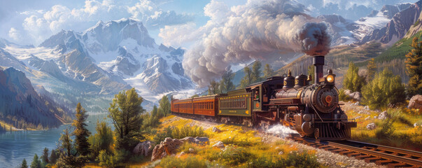 A steam locomotive chugging along a scenic mountain route, passengers enjoying the view.
