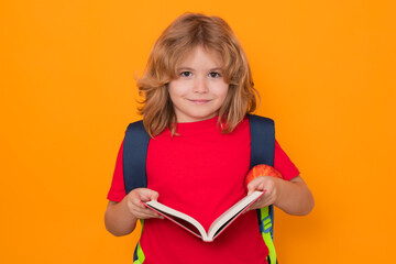 School child with book isolated on yellow background. Elementary school. Pupil go study. Clever schoolboy learning. Kids study, knowledge and education concept.