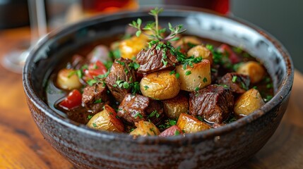 Wall Mural - Beef Stew with Potatoes and Herbs in a Rustic Bowl