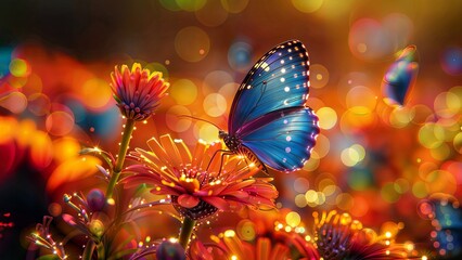 Wall Mural - A vibrant digital artwork featuring a blue butterfly with intricate patterns on its wings, perched on a vividly colored flower amidst a backdrop of warm hues and bokeh lights.