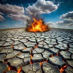 Wall Mural - burning fire in the desert.  burnt cracked earth background. 