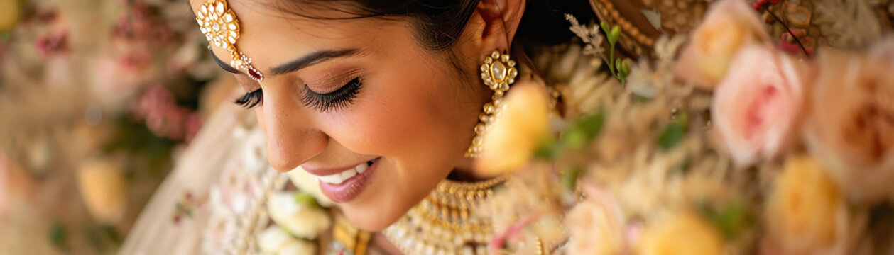 A traditional Indian bride radiates happiness in her beautiful wedding attire, complete with intricate jewelry and a floral garland