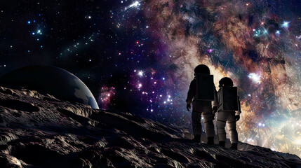photorealistic image of two astronauts in space suits on the moon facing the milky way galaxy detail