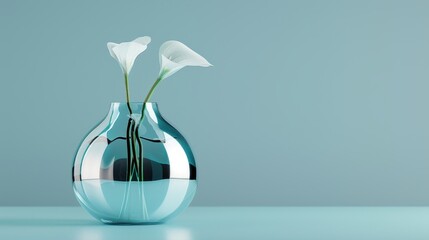 Wall Mural - compact futuristic flower vase with craggy stratified texture in silver and neon blue sleek silhouette minimalist pose clean white background in clean studio lighting product photography highly