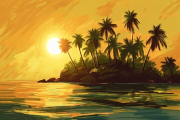 Wall Mural - Artistic illustration of a tranquil tropical island with lush palm trees against a radiant sunset over calm waters