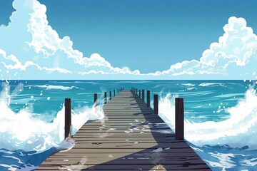 Wall Mural - Illustration capturing a serene wooden pier extending into a restless ocean under a bright, clear blue sky with fluffy white clouds