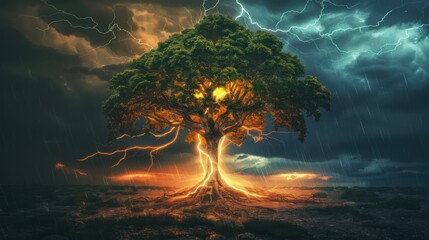Wall Mural - lightning strikes a large green tree in warm tones.