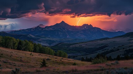 Wall Mural - photo of lightning against the backdrop of high rocky mountains.
