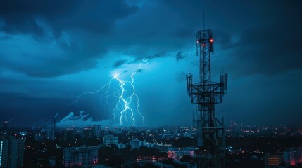 Wall Mural - lightning strikes a mobile tower against the backdrop of a big city.