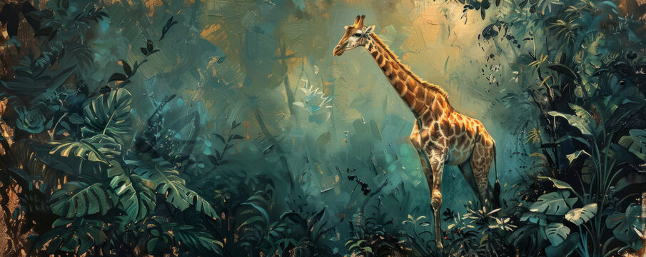 a classic painting of a graceful giraffe reaching for leaves high up in a lush jungle.