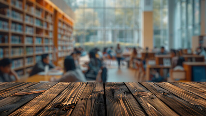 Empty wood table top with blur background of library at school or university. The table giving copy space for placing advertising product on the table along with beautiful library book background.