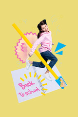 Sticker - Vertical photo collage of happy schoolgirl run notepad hold big pencil sharpener tool school supplies study isolated on painted background