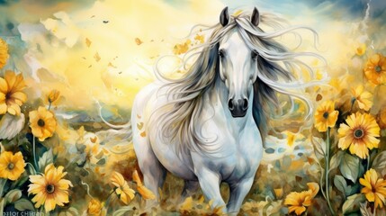 Wall Mural - A white horse with a long mane
