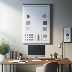 Wall Mural - A computer on a desk with poster empty white in work working home style interior set design office home optimized informative professional.