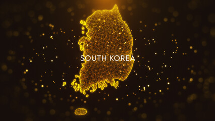 Wall Mural - Digital Space Golden Yellow Shiny Blurry Focus Wavy Glitter Sparkle Dust Particles of South Korea Map with Text and Light Flare