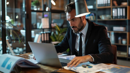 Wall Mural - A man in a suit is sitting at a desk with a laptop and several papers