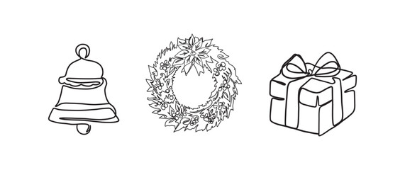 Wall Mural - Jingle bell, wreath, gift box continuous one line drawing, single line art element, minimalist sketch line vector illustration, christmast winter new year concept