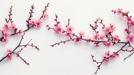  Delicate pink cherry blossom branches on a white background, showcasing natural beauty and spring elegance.