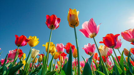 Vibrant tulip field in full bloom under a clear blue sky, capturing the essence of spring and the beauty of nature.