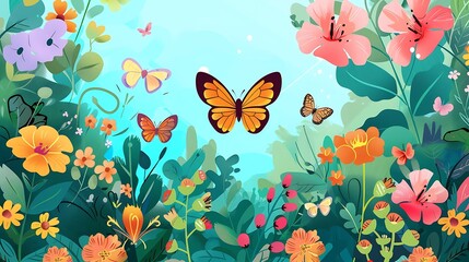 Wall Mural - Butterflies and Blossoms in a Vibrant Garden